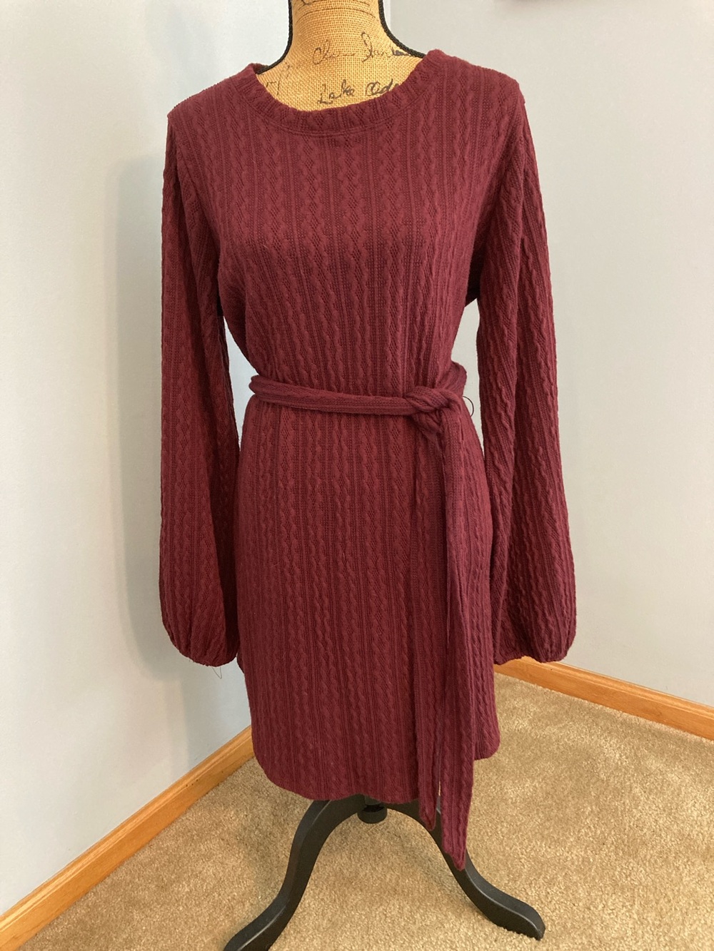 Mi Ami Cable-Knit Belted Sweater Dress - Burgundy Wine - Women Size XL